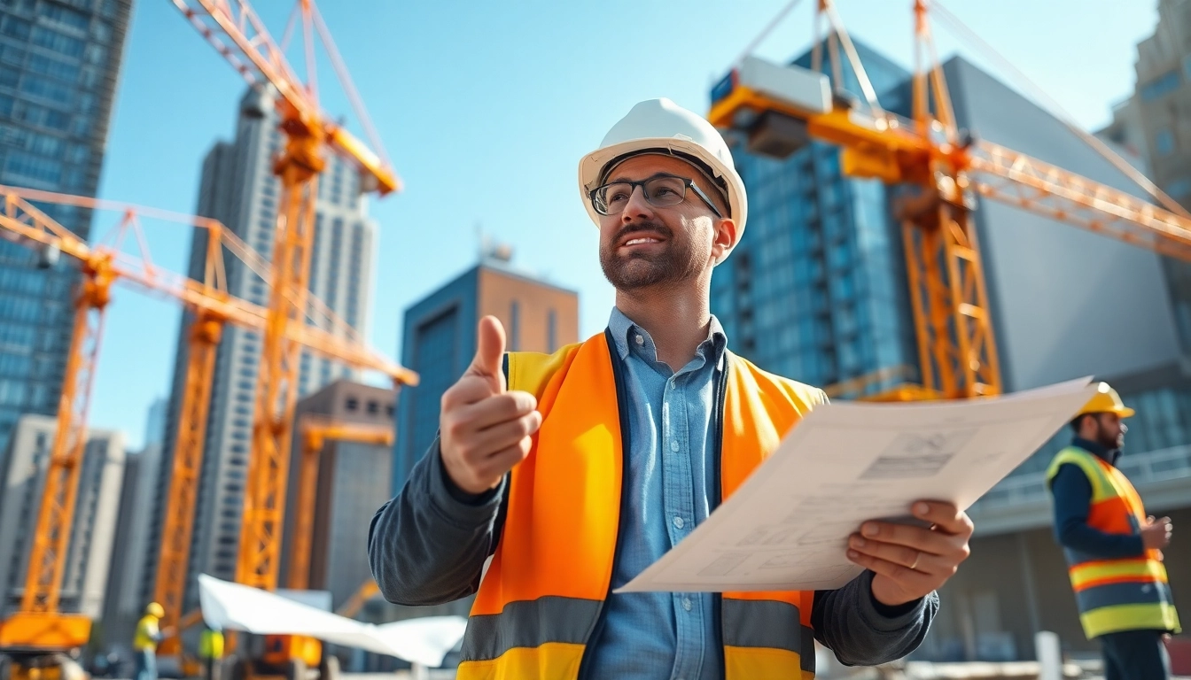 New York General Contractor reviewing plans at a bustling construction site.