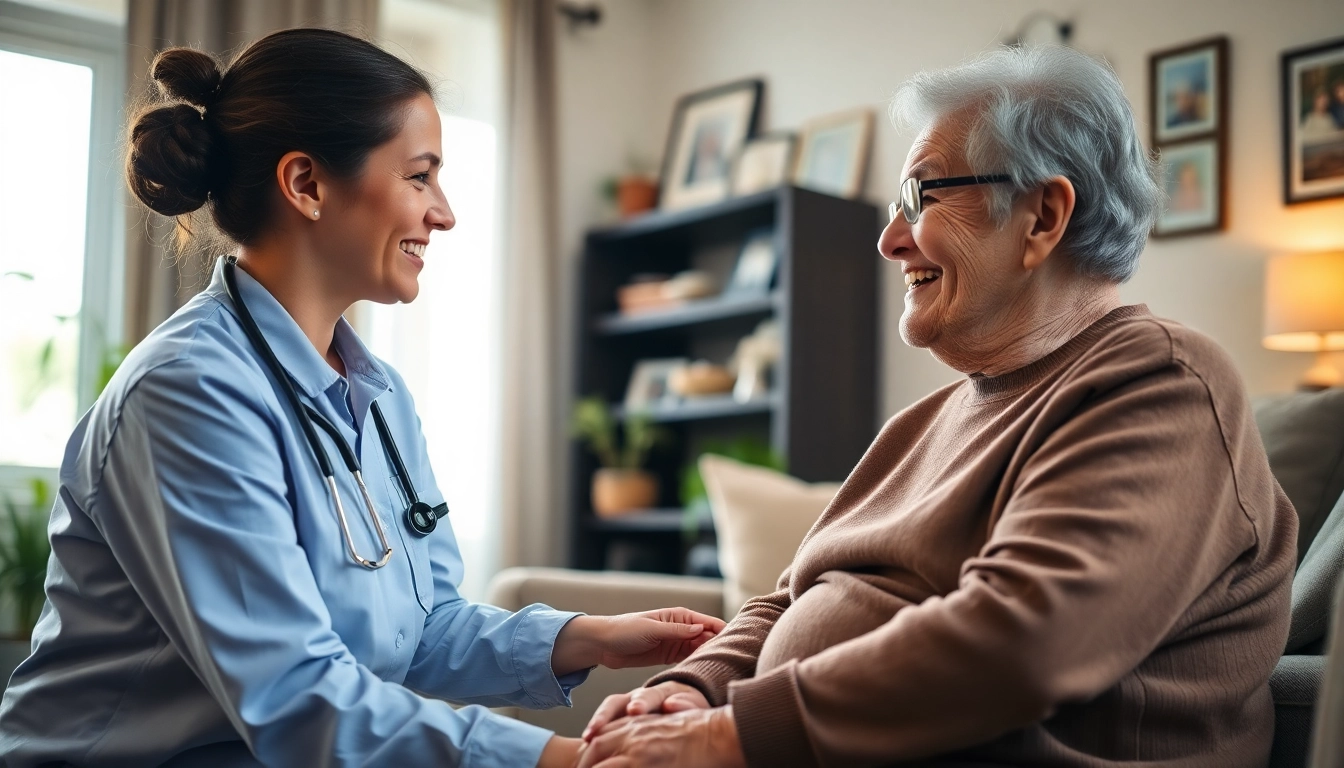 Providing compassionate in home senior care with a caregiver and elderly person in a warm living room.