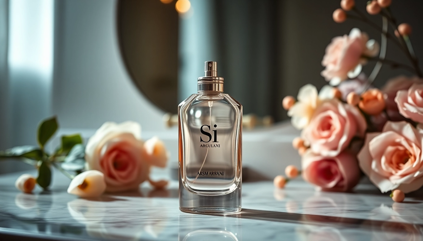 Admire the chic design of Armani si perfume reflecting elegance on a marble surface.