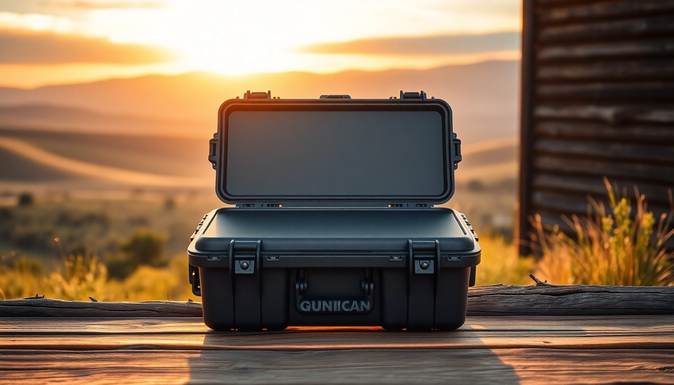 Showcasing a pelican rifle case with rugged design against a natural backdrop.