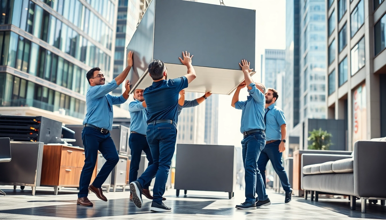 Office Movers expertly relocating office equipment in a bustling urban environment.