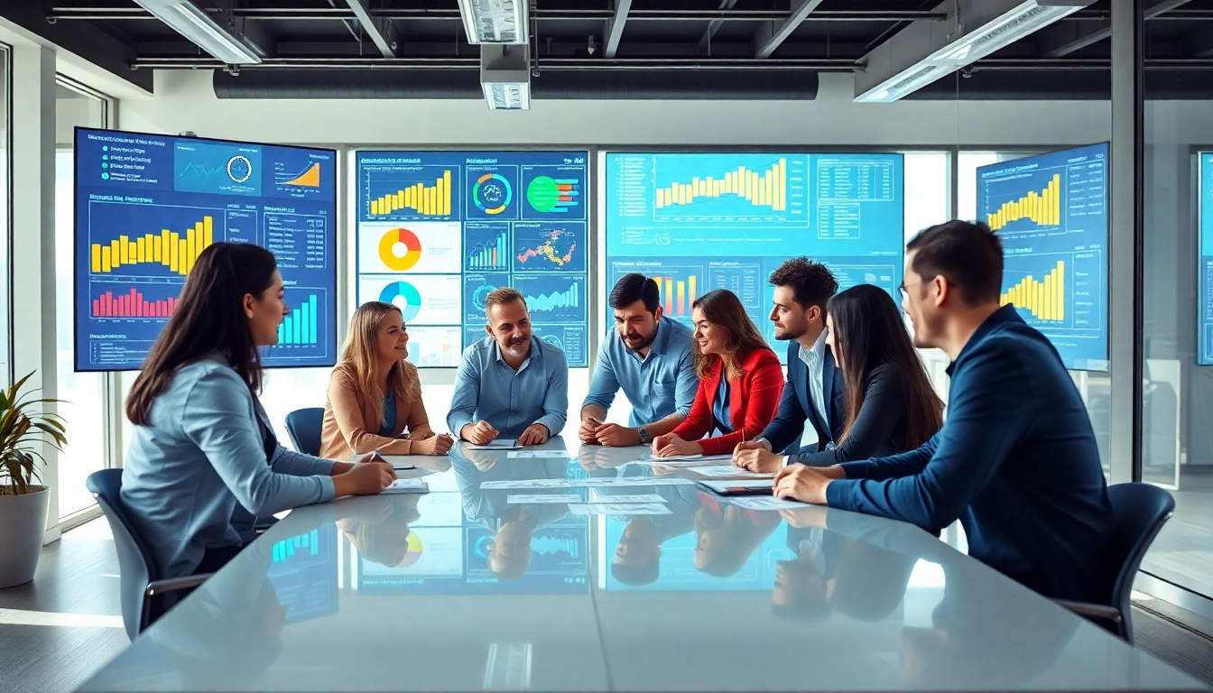 Social media agency team collaborating on innovative marketing strategies in a modern office.