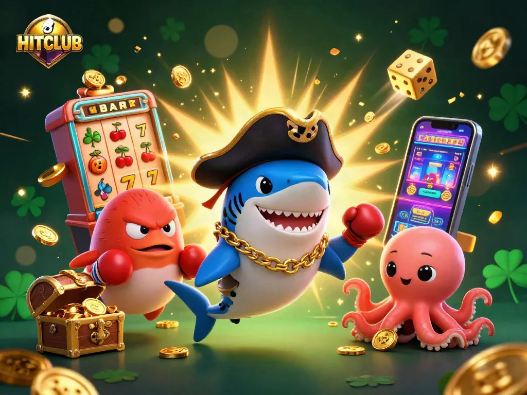 Join HITCLUB with this vibrant 3D illustration featuring a pirate shark, pufferfish, and octopus in a lively casino setting.