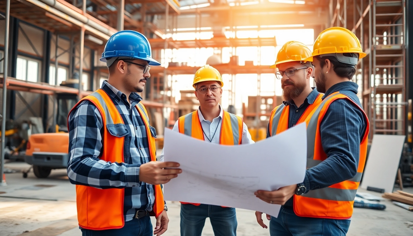 Construction career professionals collaborating on a project at a construction site.