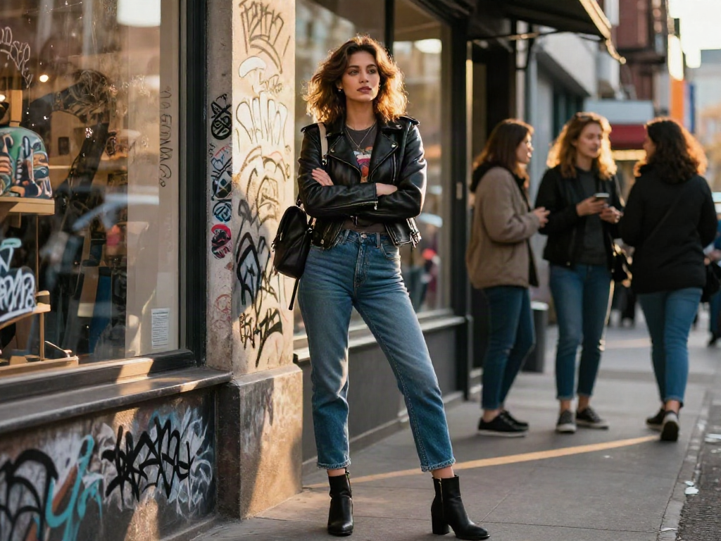 Stylish woman in leather jackets for women, exuding confidence in urban street setting.