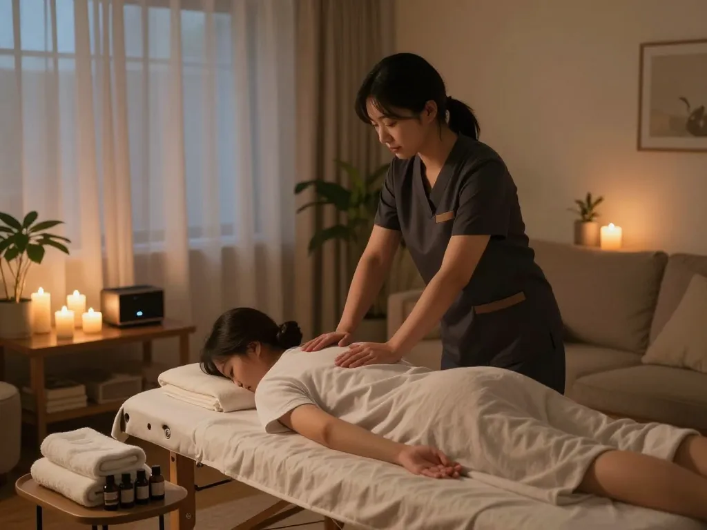 Calm 부천 출장마사지 in a cozy living room, showcasing a professional therapist and soothing atmosphere.