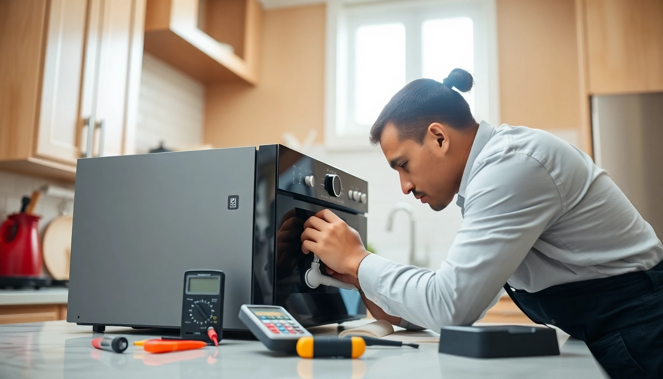 Expert appliance repair los angeles technician fixing a kitchen appliance in a bright home.
