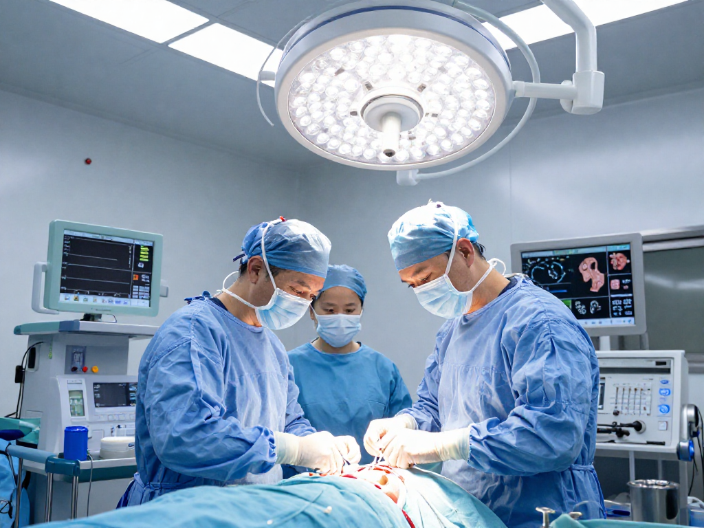 Surgeon performing dar kanal ameliyatı with advanced tools in a sterile operating room, focused medical team in action.