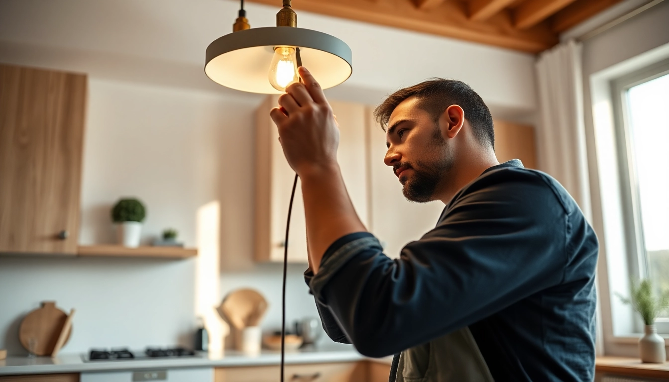Experienced vancouver electrician expertly installing a ceiling light in a modern kitchen.