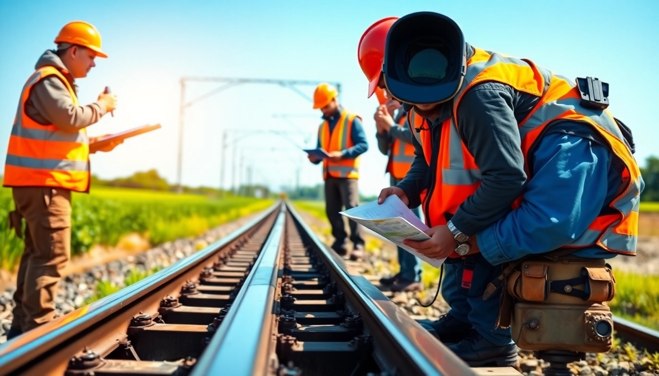 Railroad Maintenance Services team inspecting tracks with modern equipment in a vibrant setting.