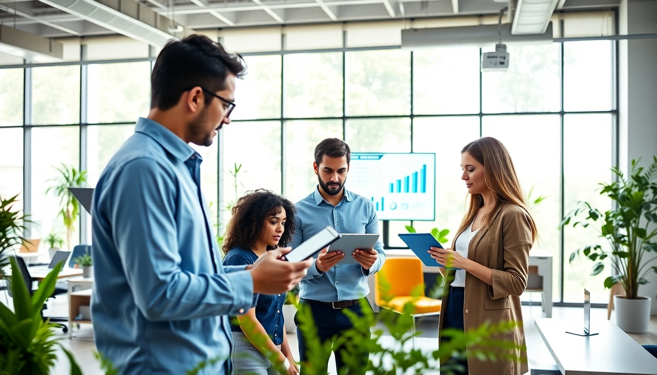 Engaging scene of an enterprise ai assistant in use by a diverse team in a modern office.