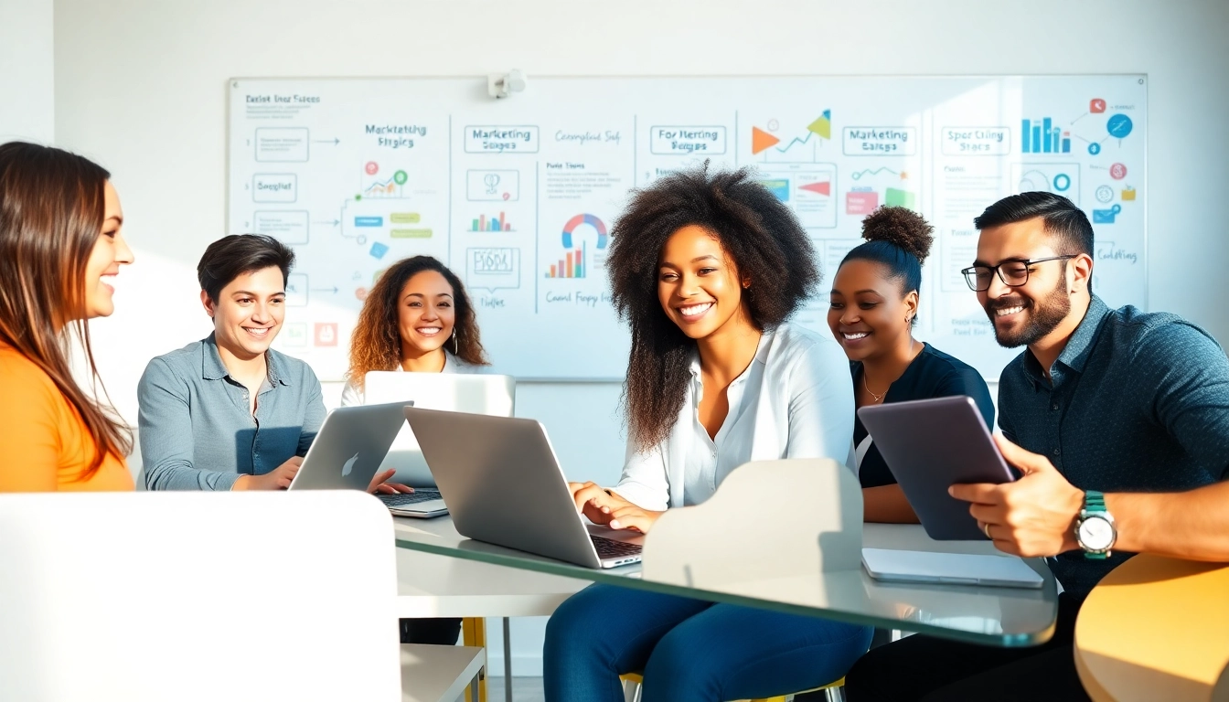 Dynamic team at a social media agency brainstorming innovative strategies in a modern workspace.