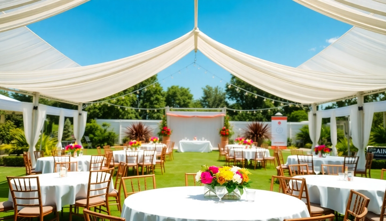 Host stunning Corporate Event Rentals with beautifully set tables, vibrant flowers, and elegant tent in a garden.
