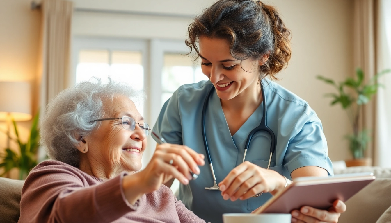 Providing care at home, a caregiver supports an elderly individual in a comfortable setting.