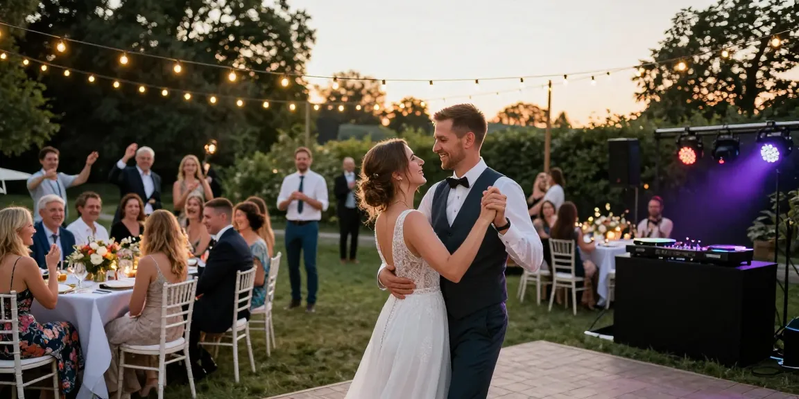 DJ für Hochzeit Berlin feiert unter Lichtern mit Brautpaar und Gästen.