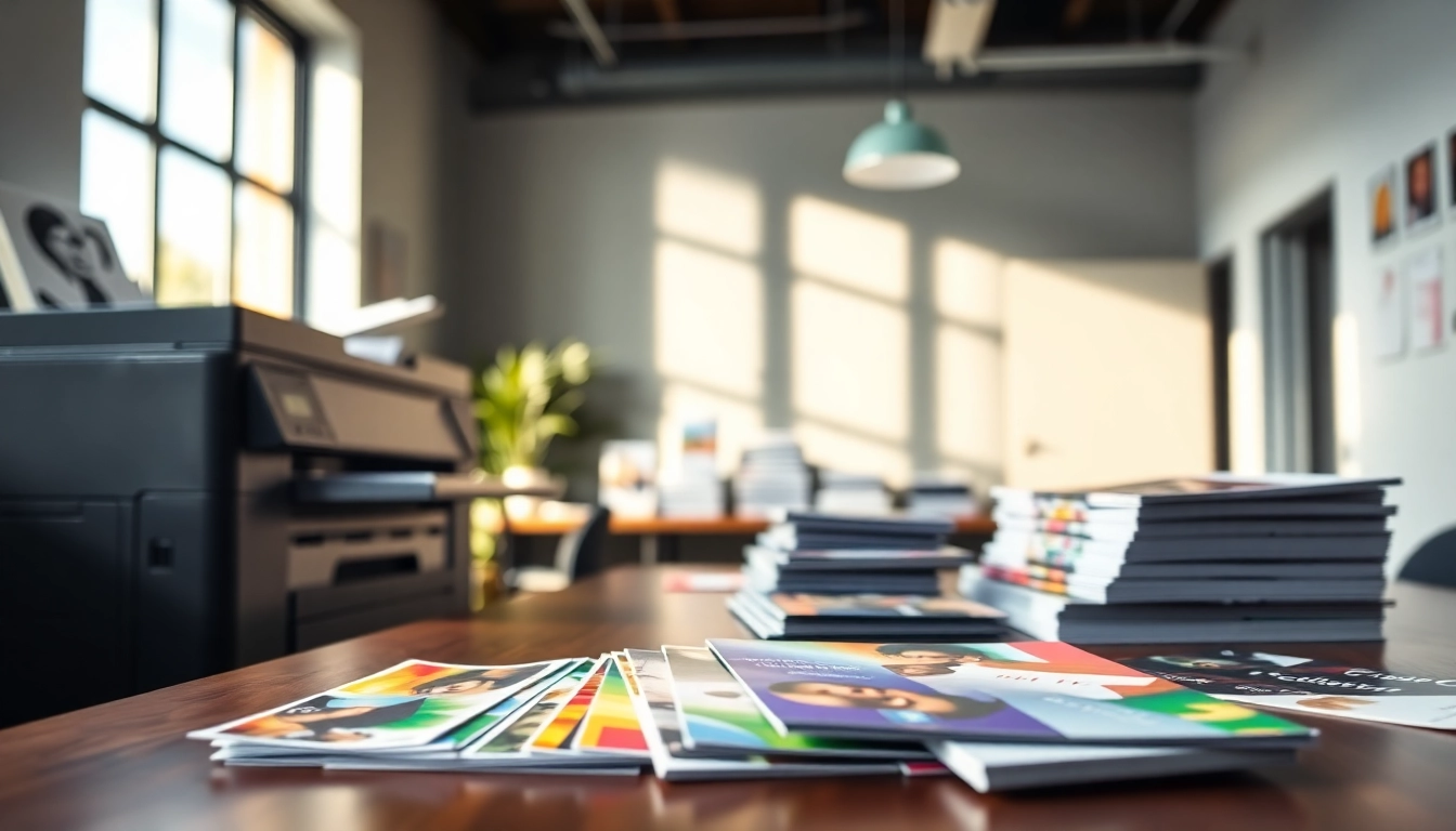 Showcase of budget printing materials in a vibrant office, emphasizing quality and professionalism.