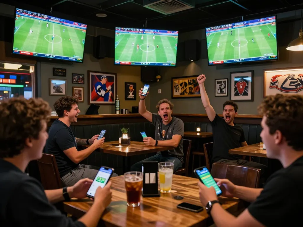 Soi Kèo patrons enjoying live football matches while placing bets on smartphones in a lively sports bar.
