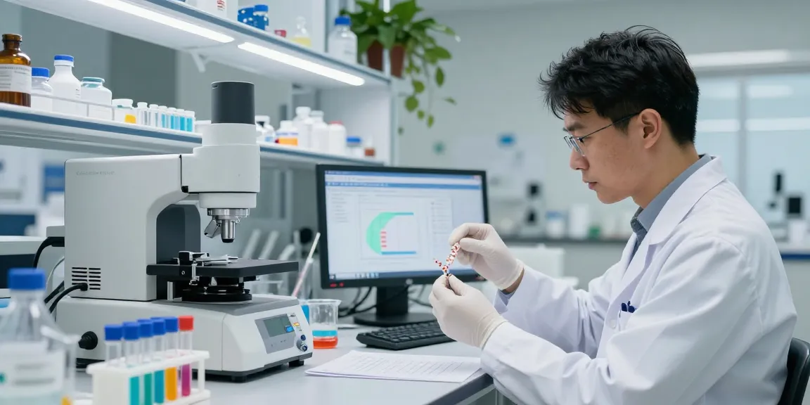 Scientist analyzing SwissChems peptide samples in a modern laboratory.