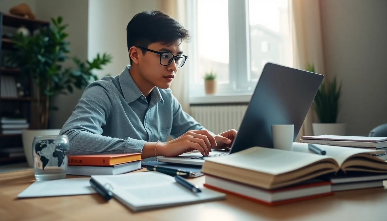 Student engaged in online exams help, surrounded by study materials in a bright, cozy environment.