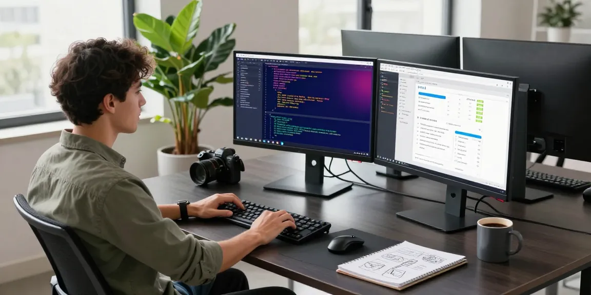 Developer using image to prompt generator in modern tech workspace, vibrant screens and bright atmosphere.