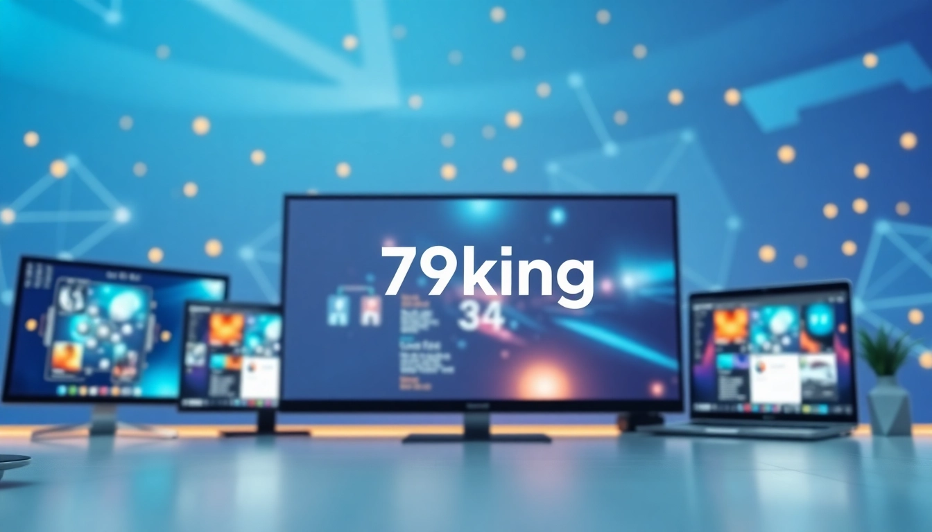 Engaging visual of 79king brand identity featuring vibrant digital screens and a tech-inspired background.