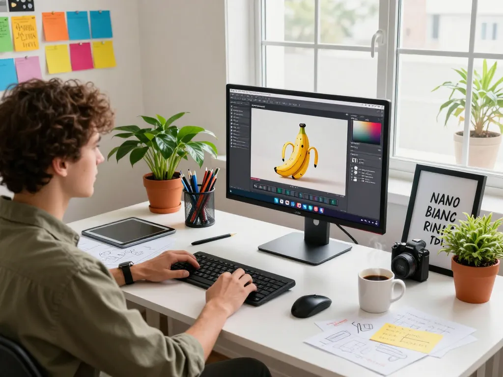Creative workspace with designer using nano banana pro AI image editor on monitor.