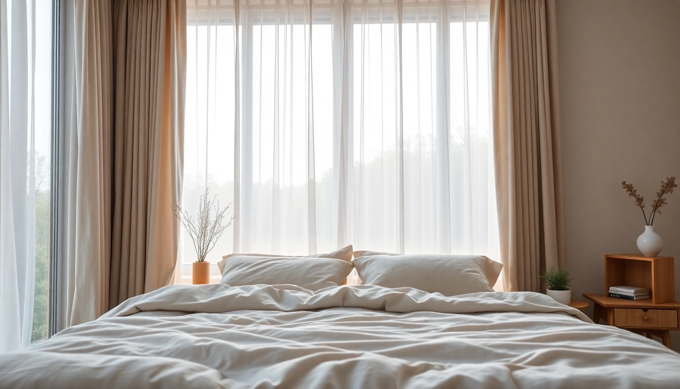 Verduisterende gordijnen creëren een rustige sfeer in een elegante slaapkamer.