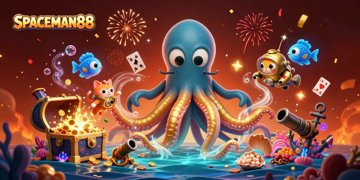Experience SPACEMAN88 with a vivid scene of a colossal kraken and diver amidst treasure, gold coins, and confetti.
