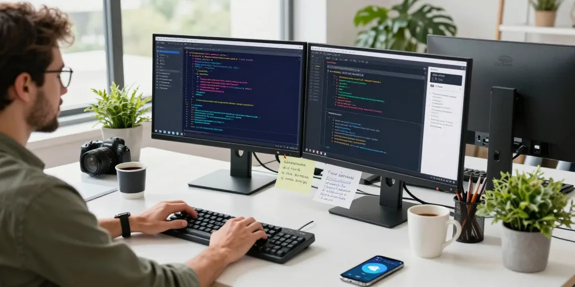 Developer using 纸飞机中文版 app on dual monitors in a modern workspace.