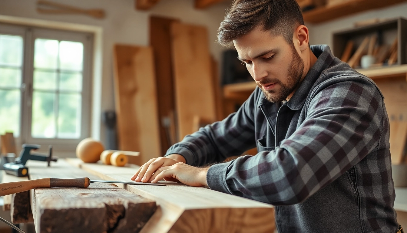 A carpenter demonstrates skills in a carpentry apprenticeship workshop, showcasing craftsmanship.