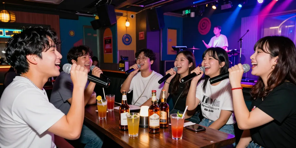 제주유흥에서 친구들과 함께 즐거운 시간을 보내는 모습, 노래와 위스키가 어우러진 활기찬 분위기