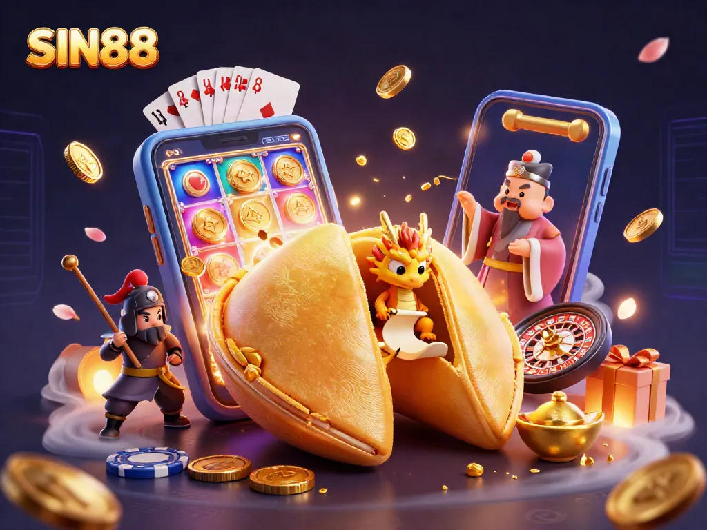SIN88 offers a vibrant online casino experience with dynamic games, golden fortune cookies, and cartoon characters.