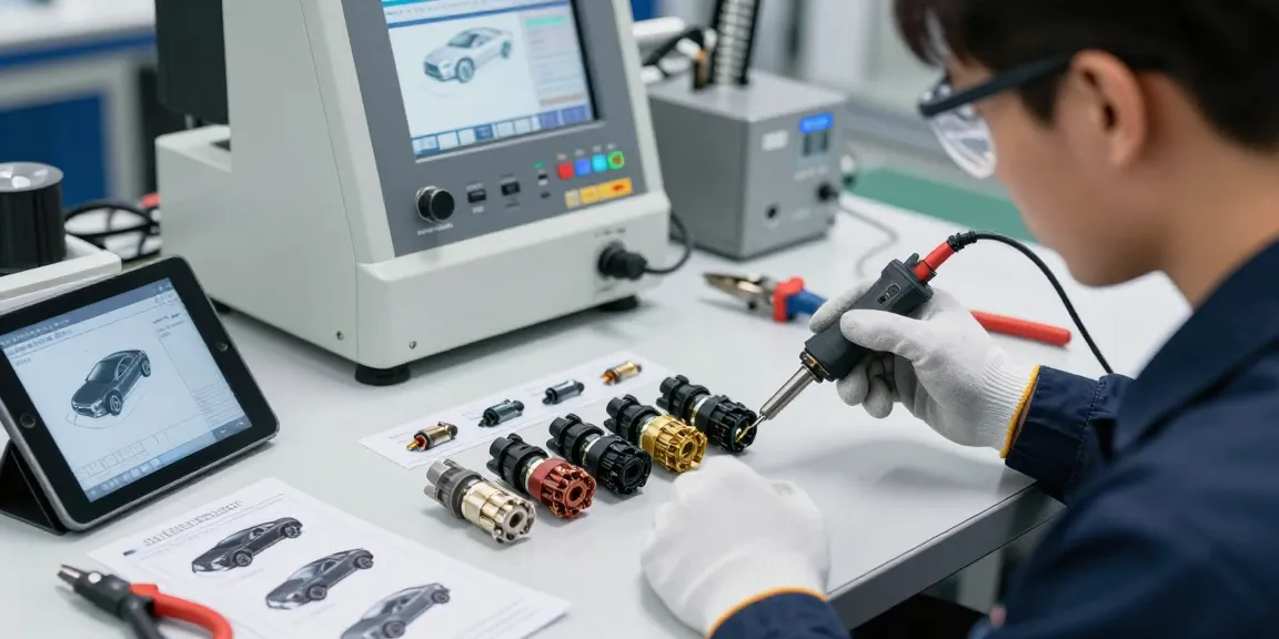 Automotive electrical connector manufacturers technician inspecting high-quality connectors in modern facility.
