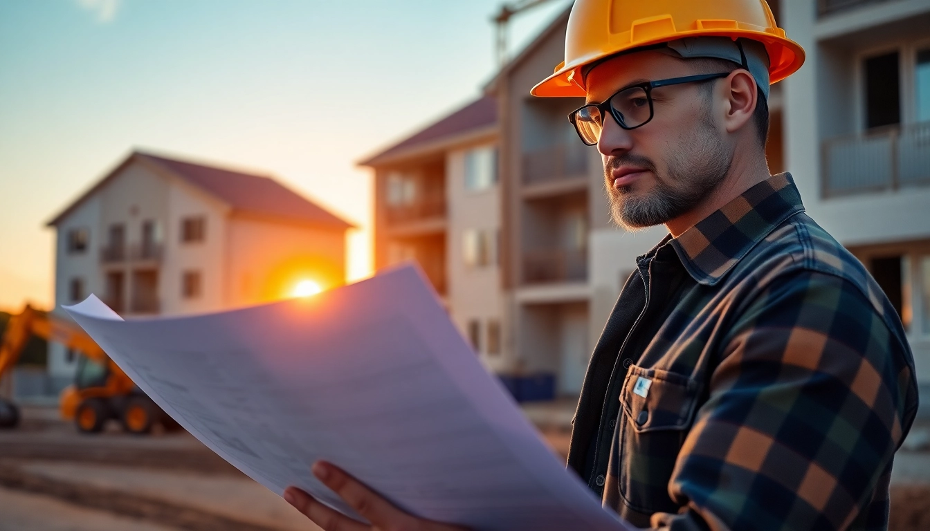 Residential building developer reviewing plans on-site at a construction project.