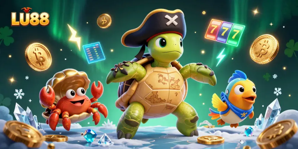 Spin and win big at LU88 with this vibrant 3D illustration featuring treasure-hunting characters amidst casino elements.