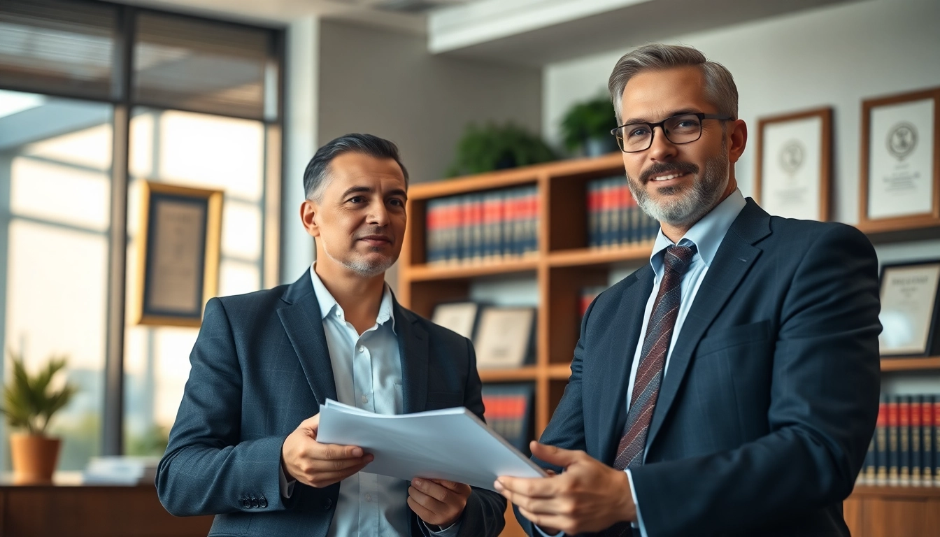 Engaging scene of Atlanta Accident Lawyers consulting with clients in a professional law office.