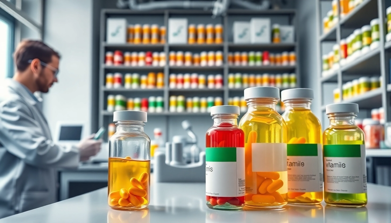 Vibrant scene of a vitamin manufacturer UK laboratory, showcasing bright products in elegant packaging.