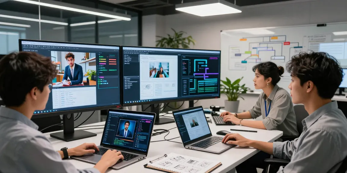 Diverse team analyzing AI-generated images with a free ai detector in a modern workspace.