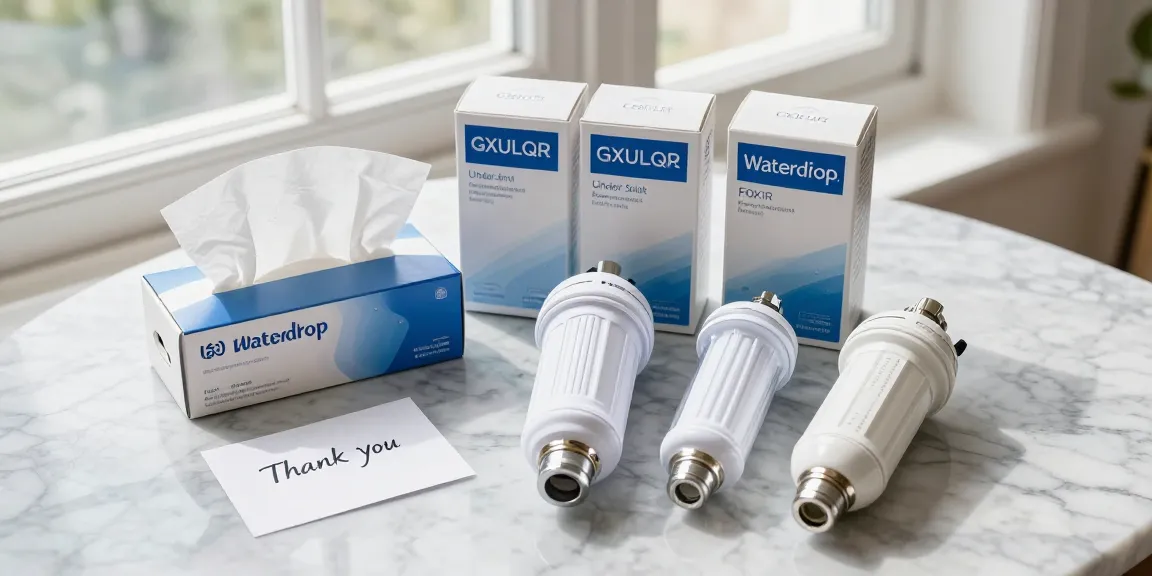 Waterdrop FQK1R, GXULQR Under Sink Replacement Filter featured in an attractive flat-lay, ideal for online shopping and product review.