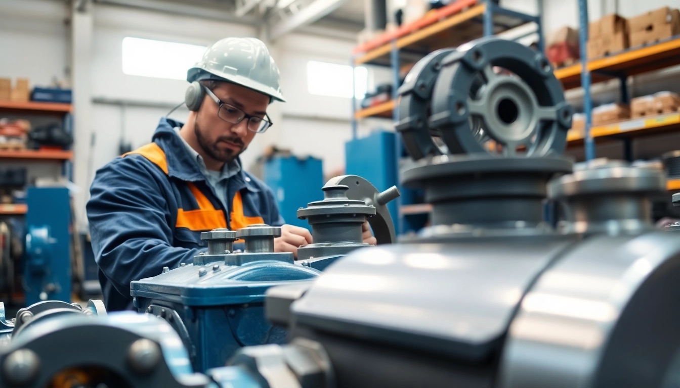 Technician providing hydraulic pump services in a professional setting, inspecting industrial machinery.