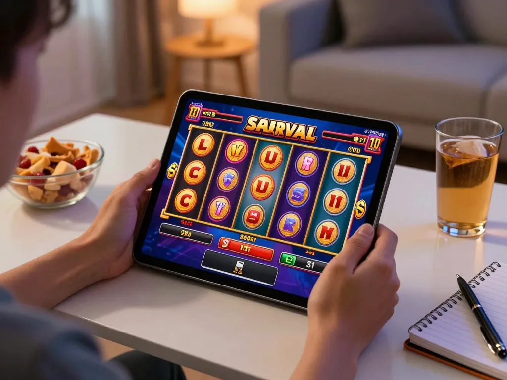 Engaging with slot server thailand no 1 on a tablet in a cozy home setting during enjoyable gameplay.