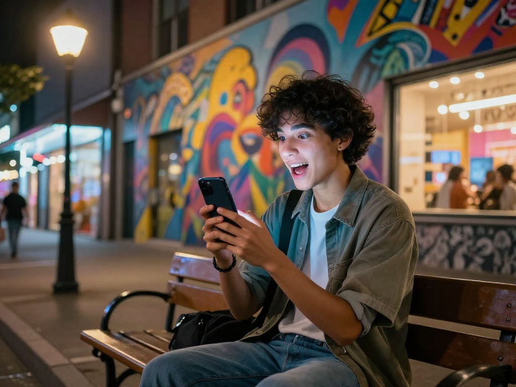 Engaging in hentai ai chat on smartphone amidst neon streets, vibrant urban atmosphere.