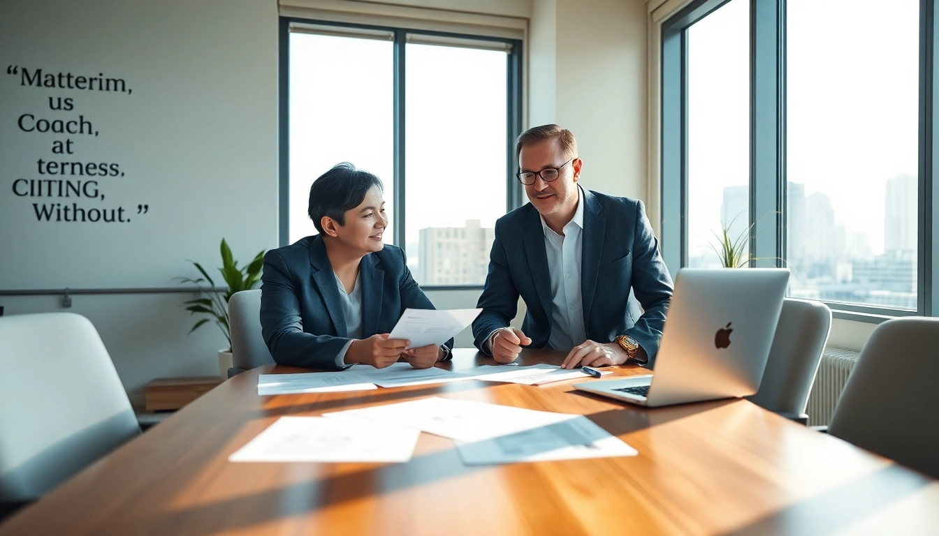 Engaging business coach near me assisting a client in a professional office setting.
