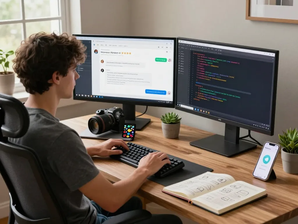 Developer interacting with Moltbot AI on dual monitors in a modern home office, highlighting innovative software capabilities.