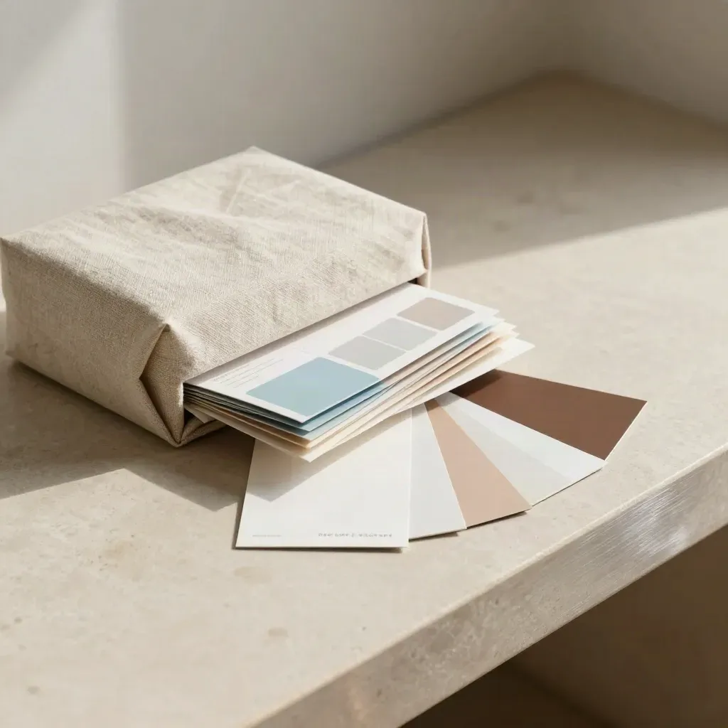 Linen identity box with swatch chips and a brand guide sleeve on a plaster bench.