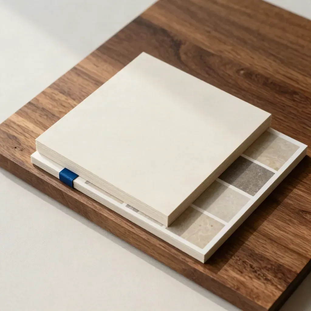 Overhead social graphics mockups, blank cards sliding apart with a sail-blue strip on pale plaster