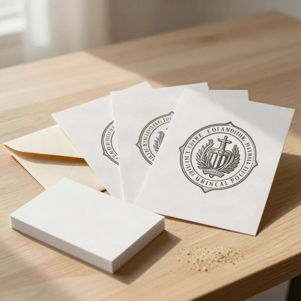 Die-cut logo proofs, sample envelope and blank stock cards on a sunlit oak studio surface.