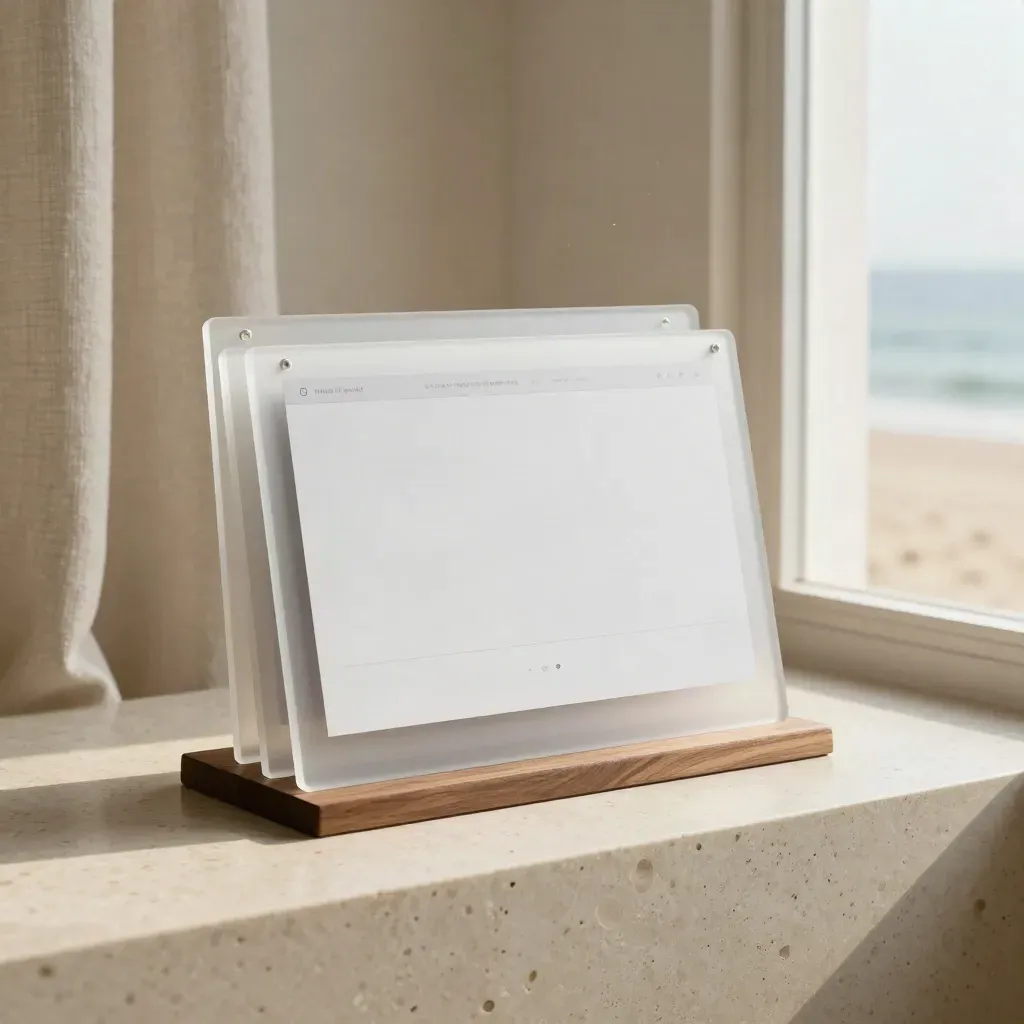 Frosted acrylic website wireframe model on walnut in a sunlit studio nook.