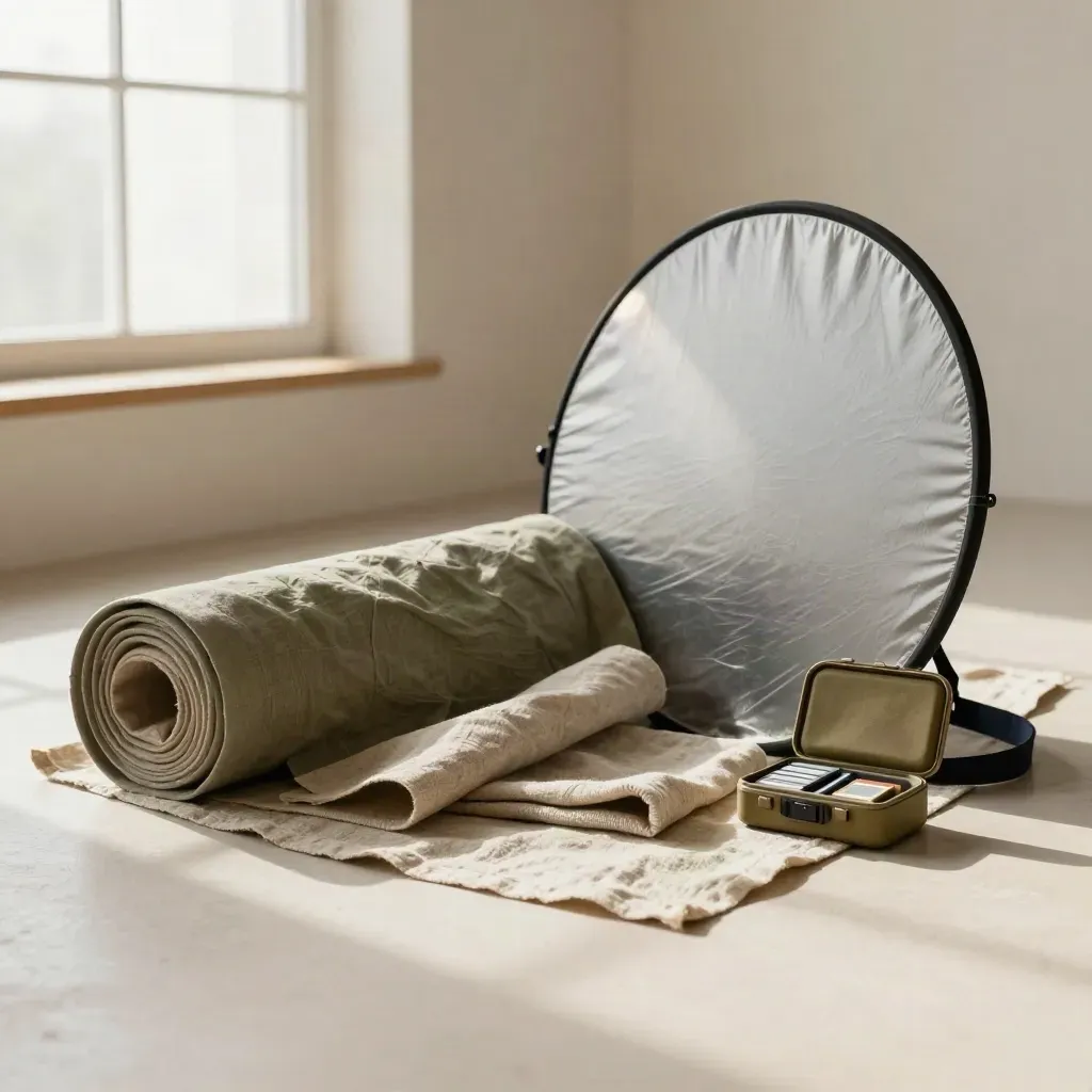 Production kit for brand photo and video: rolled linen, diffusion cloth, memory cards, and a soft reflector.