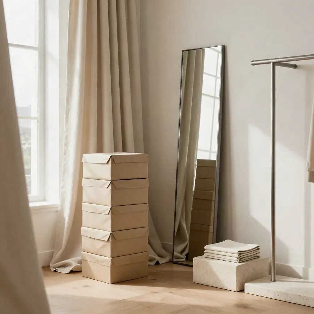 Moody boutique corner with garment boxes, sailcloth drape, mirror, and plinth in soft window light